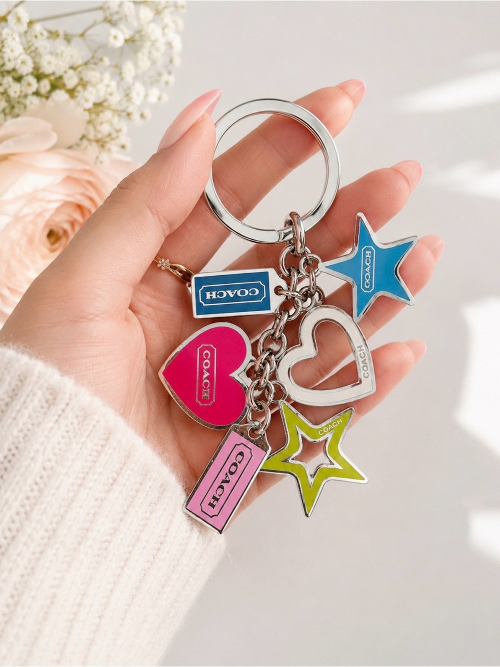 Coach Keychain Bag Charm Hearts Stars Pink Blue Green